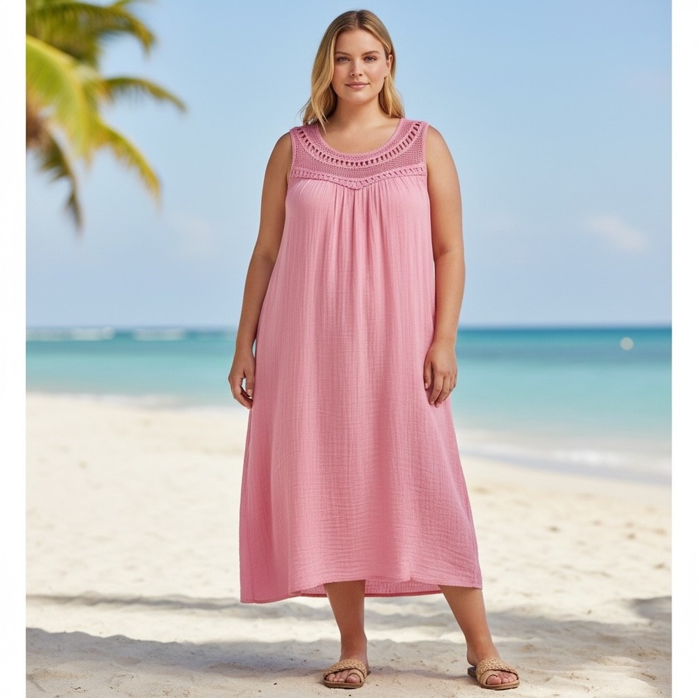 Dreams & Co Gauze Midi Dress 1X Pink‎ Crochet Yoke Sleeveless Coastal Resort NWT